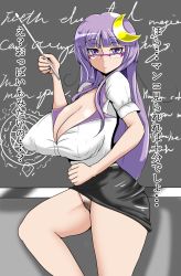Rule 34 | 1girl, bespectacled, breasts, chalkboard, cleavage, curvy, covered erect nipples, female focus, female pubic hair, glasses, hair ornament, highres, huge breasts, long hair, miniskirt, no panties, patchouli knowledge, pencil skirt, pubic hair, purple eyes, purple hair, pussy, shirt, skirt, solo, standing, stick, teacher, thighs, torii5011, touhou, translated, uncensored, upskirt