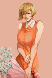 Rule 34 | 1girl, alternate costume, blonde hair, bouquet, breasts, closed mouth, collared dress, commentary request, cowboy shot, dated commentary, dress, flower, genderswap, genderswap (mtf), higekiri (touken ranbu), holding, holding bouquet, large breasts, looking down, orange dress, orange nails, pink background, short hair, simple background, sleeveless, sleeveless dress, smile, solo, touken ranbu, white flower, yellow eyes, zi tsas