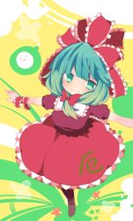 Rule 34 | 1girl, aqua hair, arm ribbon, bad id, bad pixiv id, boots, bow, breasts, dress, female focus, frills, front ponytail, gradient hair, green eyes, hair bow, hair ornament, hair ribbon, highres, kagiyama hina, long hair, looking at viewer, multicolored hair, outstretched arms, red dress, ribbon, shapeson, smile, solo, tedamarutarou, touhou