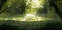 Rule 34 | 1girl, ame sagari, bare tree, blurry, blurry foreground, commentary request, creature, depth of field, dress, fantasy, floating hair, flower, grass, long hair, original, outdoors, scenery, solo, standing, sunlight, tree, white dress, white flower, white hair