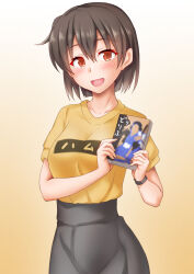 Rule 34 | 1girl, anti (untea9), black skirt, book, brown eyes, brown hair, clothes writing, commentary request, gradient background, highres, hiryuu (kancolle), holding, kantai collection, official alternate costume, shirt, short hair, skirt, smile, solo, yellow background, yellow shirt