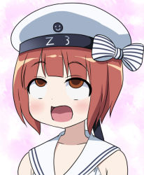Rule 34 | 10s, 1girl, ahegao, bare shoulders, bikini, blush, brown eyes, brown hair, clothes writing, collarbone, commentary request, hat, kantai collection, open mouth, ribbon, sailor bikini, sailor collar, sailor hat, short hair, solo, striped ribbon, super masara, swimsuit, upper body, white bikini, white hat, z3 max schultz (kancolle)