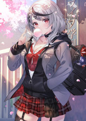 Rule 34 | 1girl, absurdres, bag, black collar, black hair, black jacket, bow, bowtie, braid, breasts, blowing bubbles, cherry blossoms, chewing gum, cleavage, collar, garter straps, grey jacket, hair ornament, hand in pocket, hand up, highres, hololive, jacket, large breasts, layered sleeves, long sleeves, looking at viewer, medium hair, multicolored hair, noir eku, outdoors, partially unzipped, plaid, plaid skirt, pleated skirt, red bow, red bowtie, red eyes, red skirt, resolution mismatch, sakamata chloe, shirt, shoulder bag, silver hair, skirt, solo, source smaller, streaked hair, translation request, virtual youtuber, white shirt, x hair ornament