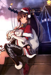 Rule 34 | 10s, 1girl, bell, breasts, brown eyes, brown hair, christmas, clothes writing, female focus, fur trim, hair ornament, hat, highres, kantai collection, large breasts, long hair, machinery, matching hair/eyes, merry christmas, miniskirt, non-web source, official art, ponytail, sack, santa hat, shizuma yoshinori, skirt, smile, solo, star (symbol), star hair ornament, thighhighs, very long hair, yamato (kancolle), yamato kai (kancolle)