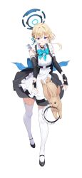 Rule 34 | 1girl, absurdres, animal, apron, black dress, black footwear, black gloves, blonde hair, blue archive, blue bow, blue bowtie, blue eyes, blue hair, blue halo, blush, bow, bowtie, braid, closed mouth, dress, fingerless gloves, frilled apron, frills, full body, gloves, halo, highres, maid, maid apron, multicolored hair, rabbit, shoes, short hair, simple background, solo, streaked hair, thighhighs, toki (blue archive), white apron, white background, white thighhighs, yuckpo 55