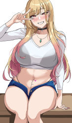Rule 34 | 1girl, black choker, blonde hair, blue shorts, blush, body writing, breasts, choker, commentary request, dick-o-meter, ear piercing, earrings, female focus, fingernails, gradient hair, hand up, hella p, highres, jewelry, kitagawa marin, korean commentary, large breasts, long fingernails, long hair, long sleeves, looking at viewer, measuring, micro shorts, multicolored hair, nail polish, navel, necklace, parted lips, penis measuring, piercing, pink eyes, pink hair, pink nails, shirt, short shorts, shorts, sitting, smile, solo, sono bisque doll wa koi wo suru, stomach, teeth, thighs, white shirt
