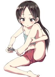 Rule 34 | 1girl, applying pedicure, bare legs, barefoot, brown hair, clipping nails, clipping toenails, commentary request, flat chest, highres, knee up, long hair, miyao ryuu, nail clippers, navel, original, short shorts, shorts, sitting, solo, stomach, tank top, toes, white background