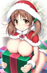 Rule 34 | 1girl, arisu kazumi, box, breast rest, breasts, brown eyes, brown hair, capelet, christmas, christmas lights, christmas ornaments, christmas tree, fur-trimmed capelet, fur trim, gift, gift box, idolmaster, idolmaster cinderella girls, large breasts, looking at viewer, naked capelet, nipples, pine tree, red capelet, santa costume, smile, solo, totoki airi, tree, twintails, wrist cuffs