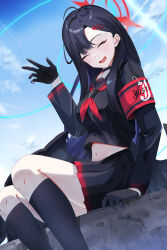 Rule 34 | 1girl, absurdres, armband, black choker, black gloves, black hair, black sailor collar, black serafuku, black shirt, black skirt, black socks, black wings, blue archive, breasts, choker, closed eyes, cloud, commentary, feathered wings, feet out of frame, gloves, hair ornament, hairclip, halo, highres, ichika (blue archive), kaleid98731, kneehighs, long hair, low wings, medium breasts, midriff, midriff peek, navel, neckerchief, open mouth, outdoors, parted bangs, pleated skirt, red armband, red halo, red neckerchief, safety pin, sailor collar, school uniform, serafuku, shirt, sitting, skirt, sky, smile, socks, solo, waving, wings