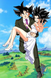 Rule 34 | 1boy, 1girl, absurdres, alternate universe, bare shoulders, black hair, blush, breasts, carrying, caulifla, commission, dragon ball, dragon ball super, dress, formal, foxybulma, full body, hetero, high heels, highres, husband and wife, jewelry, looking at viewer, princess carry, ring, smile, son goku, spiked hair, strapless, wedding band, wedding dress, white dress