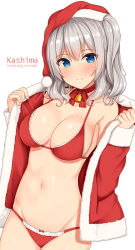 Rule 34 | 10s, 1girl, bikini, bikini under clothes, blue eyes, blush, breasts, character name, christmas, cleavage, english text, hat, highres, hiiragi hazime, kantai collection, kashima (kancolle), large breasts, long hair, looking at viewer, navel, open clothes, red bikini, santa bikini, santa costume, santa hat, shiny skin, silver hair, simple background, smile, solo, standing, swimsuit, swimsuit under clothes, tsurime, twintails, undressing, wavy hair, white background