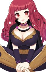 Rule 34 | 1girl, absurdres, belt, black cape, bodysuit, breasts, cape, chest strap, choker, cleavage, clothing cutout, crossed legs, facial mark, fire emblem, fire emblem engage, gold belt, hair ornament, highres, kocha (jgug7553), large breasts, long hair, nintendo, pink choker, purple bodysuit, red eyes, red hair, side cutout, sitting, solo, star (symbol), star facial mark, star hair ornament, yellow belt, yunaka (fire emblem)