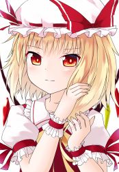 Rule 34 | 1girl, blonde hair, bow, flandre scarlet, hat, hat bow, red eyes, satou (3366 s), side ponytail, solo, touhou, white background, wings, wrist cuffs