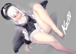 Rule 34 | 1girl, 3:, bare legs, barefoot, belt, black coat, black nails, blush, breasts, buttons, character name, closed mouth, coat, collarbone, collared shirt, cross, dev (dev0614), double-breasted, dress shirt, fur trim, girls&#039; frontline, hair between eyes, half-closed eyes, iron cross, kar98k (girls&#039; frontline), knee up, large breasts, long hair, looking at viewer, military, military uniform, nail polish, panties, red eyes, shirt, sidelocks, sitting, solo, steam, sweat, thighs, toenail polish, toenails, underwear, uniform, white hair, white panties, white shirt
