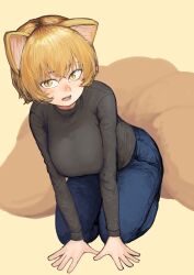 Rule 34 | 1girl, absurdres, all fours, alternate costume, animal ears, blonde hair, blush, breasts, chanta (ayatakaoisii), denim, fox ears, from above, grey sweater, highres, jeans, large breasts, looking at viewer, multiple tails, no headwear, nose blush, open mouth, pants, short hair, simple background, sitting, slit pupils, solo, sweater, tail, teeth, touhou, yakumo ran, yellow background