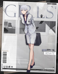 Rule 34 | 1girl, arms behind back, barcode, black footwear, breasts, business suit, character name, choker, cleavage, closed mouth, commentary, copyright name, earpiece, english commentary, formal, full body, girls&#039; frontline, grey hair, highres, holding, holding suitcase, id card, jacket, large breasts, leaning forward, long skirt, long sleeves, no socks, office lady, official alternate costume, official art, paperclip, promotional art, purple shirt, rpk-16 (girls&#039; frontline), rpk-16 (renate) (girls&#039; frontline), second-party source, shirt, shoes, short hair, skirt, smile, solo, standing, suit, suitcase, white choker, white jacket, white skirt