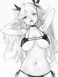 Rule 34 | 1girl, antenna hair, armpits, arms up, azur lane, bikini, breasts, bright pupils, choker, chromatic aberration, earrings, greyscale, grin, hands in hair, jewelry, large breasts, long hair, looking at viewer, mole, mole on breast, monochrome, mouth hold, multi-strapped bikini bottom, multi-strapped bikini top, multicolored hair, navel, necklace, prinz eugen (azur lane), prinz eugen (unfading smile) (azur lane), side-tie bikini bottom, simple background, skindentation, smile, solo, spot color, streaked hair, swimsuit, two side up, u jie