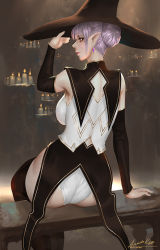 Rule 34 | 1girl, ariverkao, backless dress, backless outfit, bare shoulders, black thighhighs, breasts, brown eyes, candle, dress, earrings, hat, jewelry, large breasts, original, pointy ears, purple hair, short hair, sideboob, sitting, solo, thighhighs, thighs, witch hat