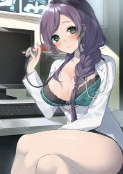 Rule 34 | 10s, 1girl, bare legs, blush, bra, braid, breasts, cleavage, computer, doctor, female focus, green eyes, hair over shoulder, keyboard, computer keyboard, large breasts, legs, crossed legs, long hair, looking at viewer, love live!, love live! school idol project, miniskirt, monitor, purple hair, shironboako, skirt, smile, solo, stethoscope, thighs, tojo nozomi, underwear, x-ray