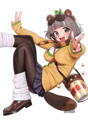 Rule 34 | 1girl, :3, animal ears, black pantyhose, blue sky, blunt bangs, blush, breasts, brown footwear, double v, food, grey hair, hair ornament, hairclip, highres, large breasts, leaf, leaf on head, leg warmers, loafers, long sleeves, looking at viewer, miniskirt, mode aim, nanja, open mouth, pantyhose, pleated skirt, ponpoko (vtuber), popcorn, raccoon ears, raccoon girl, raccoon tail, shoes, short hair, simple background, skirt, sky, sleeves past wrists, solo, tail, v, virtual youtuber, white background