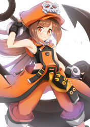 Rule 34 | 1girl, anchor, armpits, belt, brown eyes, brown hair, fingerless gloves, gloves, guilty gear, guilty gear xrd, hat, highres, huge weapon, kibihimi, may (guilty gear), orange hat, pants, pants rolled up, pirate, pirate hat, skull and crossbones, sleeveless, solo, weapon