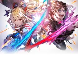 Rule 34 | 1boy, 1girl, alternate eyewear, armor, belial (granblue fantasy), black pants, blonde hair, bow, brown hair, clash, claws, commentary, commentary request, empty eyes, energy, evil grin, evil smile, facing viewer, fang, feather boa, fighting, floating hair, furrowed brow, glasses, gloves, granblue fantasy, granblue fantasy versus, grin, hair between eyes, hair bow, holding, holding sword, holding weapon, long hair, looking at another, magic, minaba hideo, official art, pants, parted lips, ponytail, red eyes, short hair, sidelocks, smile, sparks, sword, tongue, vira (granblue fantasy), weapon, white background