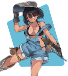 Rule 34 | 1girl, absurdres, alternate costume, bikini, black bikini, black gloves, black hair, blush, breasts, cleavage, closed mouth, collarbone, dark-skinned female, dark skin, earrings, girls und panzer, gloves, green eyes, highres, hoshino (girls und panzer), jewelry, kshimu, large breasts, licking lips, looking at viewer, overalls, smile, solo, swimsuit, tongue, tongue out