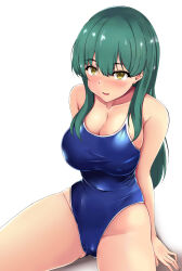 Rule 34 | 1girl, absurdres, arm support, arms behind back, blue one-piece swimsuit, blush, breasts, cameltoe, cleavage, collarbone, commentary request, competition school swimsuit, covered navel, cowboy shot, gluteal fold, green eyes, groin, hair between eyes, highleg, highleg swimsuit, highres, invisible chair, large breasts, long hair, looking at viewer, narrow waist, one-piece swimsuit, original, parted lips, school swimsuit, shiny clothes, sideboob, sidelocks, simple background, sitting, skindentation, smile, solo, spread legs, straight hair, swimsuit, taut clothes, taut swimsuit, terakoya, thick thighs, thighs, white background, wide hips, yellow eyes