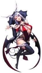 Rule 34 | 1girl, alternate costume, aqua eyes, bare shoulders, black footwear, black thighhighs, boots, breasts, bridal gauntlets, chaos online, demon wings, full body, head tilt, high heels, highres, long hair, looking at viewer, love cacao, nivas, official art, parted lips, skull, solo, thigh boots, thighhighs, transparent background, very long hair, white hair, wings