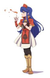 Rule 34 | 1girl, absurdres, black pantyhose, blowing, blue eyes, blue hair, book, boots, brown footwear, capelet, dress, fire, fire emblem, fire emblem: the binding blade, full body, hands up, high collar, highres, holding, holding book, jewelry, knee boots, legs together, lilina (fire emblem), long hair, neck ring, nintendo, pantyhose, powerhamuhamu, red capelet, red headwear, red tabard, sidelocks, simple background, solo, standing, tabard, very long hair, white background, white dress