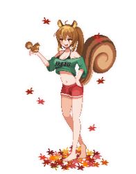 Rule 34 | 1girl, :d, ahoge, animal, animal ears, animal on hand, artist request, autumn leaves, bare legs, bare shoulders, barefoot, blush, bra strap, brown eyes, brown hair, clothes writing, commission, crop top, crop top overhang, full body, green shirt, hair between eyes, hand on own hip, large tail, long hair, midriff, navel, off-shoulder shirt, off shoulder, open mouth, original, park bokja, pixel art, ponytail, red shorts, second-party source, shirt, short shorts, short sleeves, shorts, smile, solo, squirrel, squirrel ears, squirrel tail, standing, stomach, t-shirt, tail, transparent background, v-shaped eyebrows