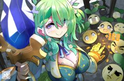 Rule 34 | 1girl, breasts, ceres fauna, cleavage, cleavage cutout, clothing cutout, commentary, dota (series), dota 2, english commentary, gold, gold trim, gradient eyes, gradient hair, green hair, hololive, hololive english, large breasts, looking at viewer, mole, mole under eye, multicolored eyes, multicolored hair, nature&#039;s prophet (dota), phibonnachee, virtual youtuber