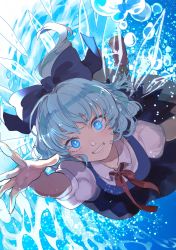 Rule 34 | 1girl, blouse, blue dress, blue eyes, blue hair, blue ribbon, bow, cirno, dress, dress shirt, frozen, hair bow, highres, ice, ice wings, kerok (joniko1110), looking at viewer, outstretched arm, outstretched hand, puffy short sleeves, puffy sleeves, reaching, reaching towards viewer, red bow, red ribbon, ribbon, shirt, short hair, short sleeves, smile, solo, touhou, underwater, water, white shirt, wing collar, wings