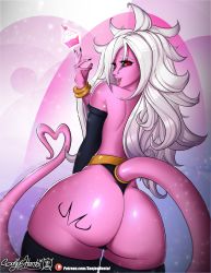 Rule 34 | 1girl, absurdres, android 21, arm warmers, ass, ass tattoo, back tattoo, bare shoulders, black sclera, bracelet, colored sclera, colored skin, cupcake, dragon ball, dragon ball fighterz, earrings, fingernails, food, from behind, grin, highres, hip focus, huge ass, jewelry, long fingernails, long hair, looking at viewer, majin android 21, nail polish, pants, patreon, pink skin, red eyes, saliva, sharp fingernails, shiny skin, silver hair, smile, solo, sonjashentai, tail, tattoo, thighhighs, thong, tongue, tongue out, tramp stamp, very long hair, watermark, web address, wide hips