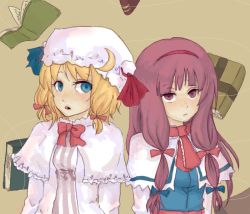 Rule 34 | 2girls, alice margatroid, alice margatroid (cosplay), blue eyes, book, cosplay, costume switch, female focus, long hair, multiple girls, no headwear, no headwear, patchouli knowledge, patchouli knowledge (cosplay), touhou