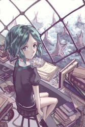 Rule 34 | androgynous, bad id, bad pixiv id, black neckwear, black shorts, book, book stack, collared shirt, day, from above, gender request, ginkgo leaf, ginkgo tree, green eyes, green hair, houseki no kuni, indoors, leaf, looking at viewer, phosphophyllite, roki (0214278), shirt, short hair, short sleeves, shorts, sitting, solo, uniform