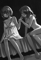 Rule 34 | 2girls, alice margatroid, barefoot, bed, blush, closed eyes, couple, dutch angle, female focus, finger in another&#039;s mouth, fukahire (ruinon), greyscale, kirisame marisa, licking, monochrome, multiple girls, no headwear, non-web source, nude, on bed, short hair, sitting, sleepwear, strap slip, touhou, yuri