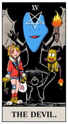 Rule 34 | 1girl, 2boys, @ @, animal ears, animal hands, animal nose, bag, bald, bangs pinned back, biwako-kun, black background, blank eyes, blonde hair, blue shorts, border, briefs, brown hair, chain, chain leash, chained, colored sclera, colored skin, commentary request, compression sleeve, copyright request, crown, demon horns, demon tail, demon wings, english text, fangs, flame-tipped tail, flying, food, fruit, full body, fur-trimmed jacket, fur trim, gloves, grapes, hands up, highres, holding, holding bag, holding torch, horns, inverted pentagram, jacket, leaf, leaf on head, leash, legs together, male underwear, mini crown, mode aim, multicolored hair, multiple boys, ohitori (o hitori sama 1), open mouth, orange eyes, paw gloves, paw shoes, peanuts-kun, ponpoko (vtuber), red jacket, red socks, short shorts, shorts, sitting, smile, socks, spread legs, standing, stitched face, stitches, tail, tarot, tarot (medium), the devil (tarot), topless male, torch, two-tone hair, underwear, underwear only, virtual youtuber, w arms, white border, white male underwear, wings, yellow sclera, yellow skin