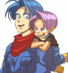 Rule 34 | 2boys, age difference, arm rest, bad id, bad twitter id, black shirt, blue eyes, blue hair, boots, breast pocket, carrying, carrying over shoulder, crossed arms, denim, denim jacket, dragon ball, dragon ball super, dragon ball super broly, dual persona, grin, jacket, looking at another, looking back, male focus, multiple boys, neckerchief, open mouth, overalls, pocket, purple eyes, red neckerchief, shaded face, shirt, short sleeves, simple background, smile, tako jirou, teeth, tongue, trunks (dragon ball), trunks (future) (dragon ball), upper body, upper teeth only, v-shaped eyebrows, white background, yellow footwear