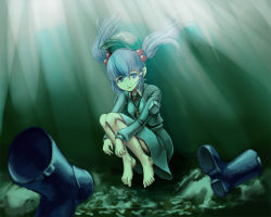 Rule 34 | 1girl, barefoot, blue (pixiv), blue eyes, blue hair, boots, feet, female focus, hair bobbles, hair ornament, hat, kawashiro nitori, key, matching hair/eyes, seisetu, short hair, solo, tears, touhou, twintails, two side up, underwater, wet, wet clothes