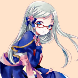 Rule 34 | 1girl, awai, beige background, blue bow, blue dress, blue eyes, bow, braid, dress, flower, glasses, hair bow, hair flower, hair ornament, long hair, long sleeves, looking at viewer, original, parted lips, pink bow, pink flower, pink ribbon, red-framed eyewear, ribbon, silver hair, simple background, solo