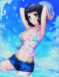 Rule 34 | 10s, 1girl, armpits, arms behind head, arms up, ball, beach, beachball, bikini, bikini under clothes, black eyes, black hair, blue sky, blush, breasts, cleavage, day, highres, kawakami sadayo, large breasts, light blush, looking at viewer, medium hair, navel, ocean, partially submerged, persona, persona 5, see-through, shirt, short shorts, shorts, sky, sleeveless, smile, solo, standing, stomach, striped bikini, striped clothes, swimsuit, tank top, wading, water, water drop, wet, wet clothes, wet shirt, yaoto