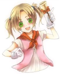 Rule 34 | 1girl, artist request, bell, blonde hair, female focus, gloves, green eyes, harvest moon, looking at viewer, open mouth, smile, solo, tagme, tina (bokujou monogatari), white background