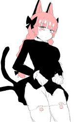 Rule 34 | 1girl, :o, animal ears, bow, braid, breasts, cat ears, cowboy shot, dress, from below, groin, highres, indosou, kaenbyou rin, large breasts, lifting own clothes, long sleeves, looking at viewer, multiple tails, nekomata, open mouth, pink eyes, pink hair, simple background, solo, tail, thighhighs, touhou, two tails, upskirt, white background