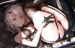 Rule 34 | 9a-91 (girls&#039; frontline), absurdres, ass, barcode, bare arms, bare shoulders, black gloves, black panties, black thighhighs, blue eyes, blush, breasts, commentary request, couch, feet out of frame, frilled gloves, frills, garter belt, garter straps, girls&#039; frontline, gloves, grey hair, hair ornament, hairclip, halterneck, highres, legs, legs together, legs up, lingerie, long hair, looking at viewer, lying, medium breasts, on back, on couch, panties, parted lips, pottsness, sidelocks, strap, strap pull, thighhighs, underwear