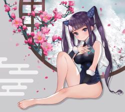 Rule 34 | 1girl, architecture, bad id, bad twitter id, bare legs, bare shoulders, black dress, blunt bangs, blush, breasts, china dress, chinese clothes, cleavage, detached sleeves, double bun, dress, east asian architecture, fate/grand order, fate (series), feet, flower, hair bun, hand on own chest, large breasts, long hair, purple hair, side slit, sitting, thighs, twintails, very long hair, window, yang guifei (fate), yang guifei (second ascension) (fate), yoshinobori