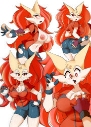 Rule 34 | 1boy, 1girl, @ @, absurdres, ass grab, bike shorts, black shorts, blush, braxy (lucyfer), grabbing another&#039;s breast, breasts, breasts out, cosplay, cowboy shot, creatures (company), delphox, fang, fingerless gloves, from behind, furry, furry female, game freak, gen 6 pokemon, gloves, grabbing, highres, large breasts, long hair, looking at viewer, lucyfer, may (pokemon), may (pokemon) (cosplay), multiple views, nintendo, nipples, open mouth, poke ball, pokemon, pokemon (creature), red eyes, red hair, shiny clothes, shiny skin, short sleeves, shorts, simple background, standing, surprised, torn clothes, torn legwear, white background