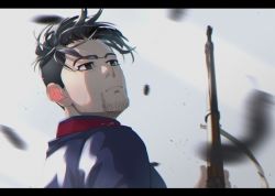 Rule 34 | 1boy, black eyes, black hair, blurry, blurry foreground, facial hair, facial scar, golden kamuy, gun, letterboxed, looking up, male focus, military, military uniform, ogata hyakunosuke, outdoors, sayasaka, scar, scar on cheek, scar on face, simple background, solo, stubble, uniform, upper body, weapon, wind
