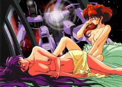 Rule 34 | 1990s (style), 2girls, aftersex, bed sheet, blush, breasts, character request, closed eyes, hand on own face, long hair, lying, mecha, multiple girls, navel, nipples, nude, on side, purple hair, red eyes, red hair, retro artstyle, robot, science fiction, sitting, sleeping, space, spacecraft interior, star (sky), viper, viper v12, window, yuri