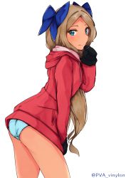 Rule 34 | 1girl, absurdres, alternate costume, asakaze (kancolle), blue bow, blue eyes, blush, bow, brown hair, cowboy shot, drawstring, hair bow, hand on own chin, highres, hood, hooded jacket, jacket, kantai collection, long hair, looking at viewer, mittens, no pants, panties, parted bangs, simple background, solo, thighs, twitter username, underwear, uut, very long hair, white background